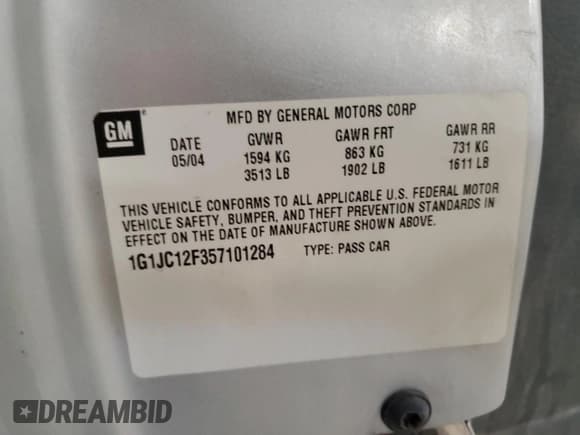 ✅ 2005 Chevrolet Cavalier • VIN: 1G1JC12F357101284 • Lot: 48460405. Listed on Copart with 241,075 mi. Free auction sales archive from the USA and detailed vehicle history report at DreamBid. Image 12.