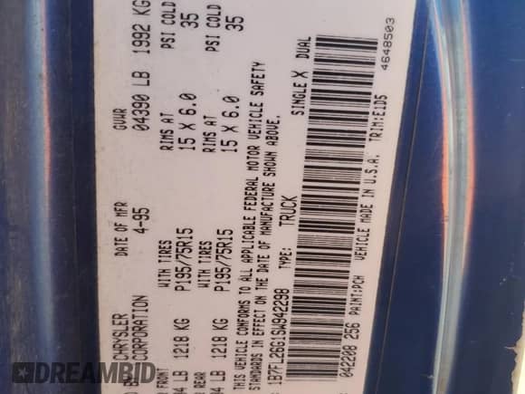 1995 Dodge Dakota with VIN 1B7FL26G1SW942298, listed as a Copart auction lot 81096754 with 147,966 mi miles and Salvage title. Bid and sale history available at DreamBid. Image 12.