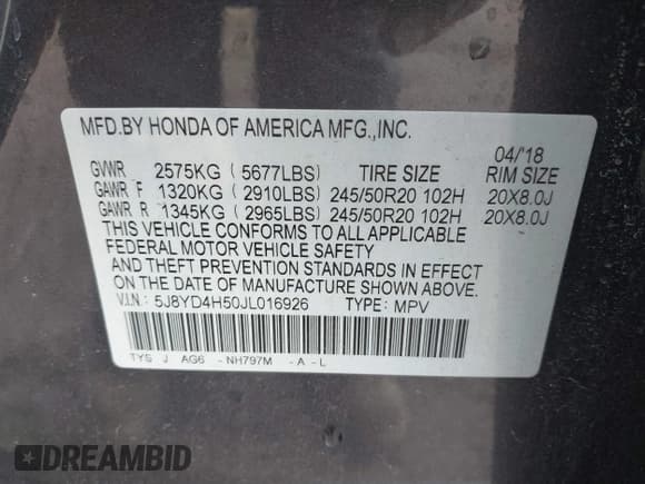 ✅ 2018 Acura MDX Technology • VIN: 5J8YD4H50JL016926 • Lot: 41833518. Listed on IAAI with 94,016 mi. Free auction sales archive from the USA and detailed vehicle history report at DreamBid. Image 9.