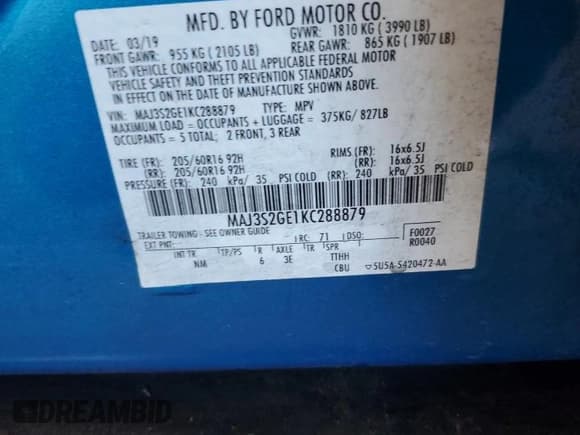 ✅ 2019 Ford EcoSport SE • VIN: MAJ3S2GE1KC288879 • Лот: 86284335. Опубликован ранее на Copart с пробегом 44 773 миль. Бесплатный доступ к архиву аукционных продаж из США и подробный отчёт об истории автомобиля на DreamBid. Изображение 13.