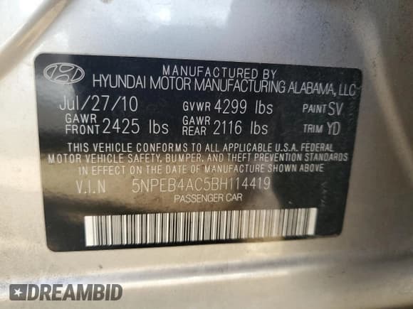 ✅ 2011 Hyundai Sonata GLS • VIN: 5NPEB4AC5BH114419 • Лот: 76599854. Опубликован ранее на Copart с пробегом 85 553 миль. Бесплатный доступ к архиву аукционных продаж из США и подробный отчёт об истории автомобиля на DreamBid. Изображение 13.