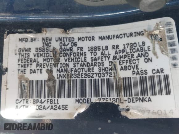 ✅ 2006 Toyota Corolla CE • VIN: 1NXBR32E26Z703721 • Lot: 43447556. Listed on IAAI with 299,999 mi. Free auction sales archive from the USA and detailed vehicle history report at DreamBid. Image 9.