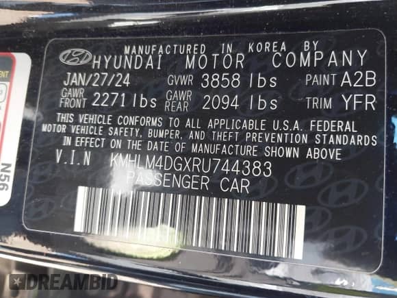 2024 Hyundai Elantra SEL with VIN KMHLM4DGXRU744383, listed as a IAAI auction lot 43606113 with 39,129 mi miles and . Bid and sale history available at DreamBid. Image 9.