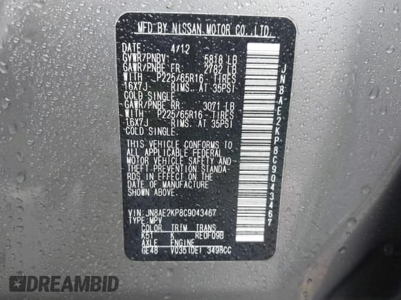 ✅ 2012 Nissan Quest SV • VIN: JN8AE2KP8C9043467 • Лот: 41787486. Опубликован ранее на IAAI с пробегом 140 884 миль. Бесплатный доступ к архиву аукционных продаж из США и подробный отчёт об истории автомобиля на DreamBid. Изображение 9.