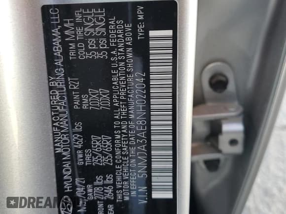 ✅ 2022 Hyundai Tucson SE • VIN: 5NMJA3AE8NH022042 • Lot: 91687355. Listed on Copart with 49,448 mi. Free auction sales archive from the USA and detailed vehicle history report at DreamBid. Image 13.