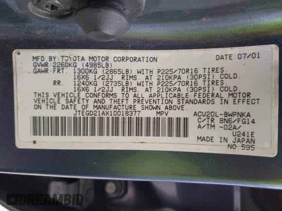 2001 Toyota Highlander с VIN JTEGD21AX10018377, выставлен на аукционе IAAI как лот 41403728 с пробегом 223 303 миль миль и . История ставок и продаж доступна на DreamBid. Изображение 9.