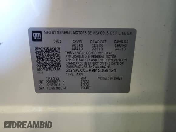 2021 Chevrolet Equinox LT with VIN 3GNAXKEV9MS169424, listed as a Copart auction lot 80851685 with 72,238 mi miles and Salvage title. Bid and sale history available at DreamBid. Image 13.