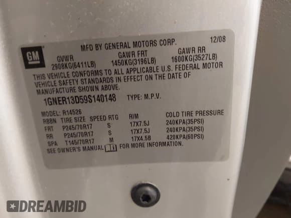 ✅ 2009 Chevrolet Traverse LS • VIN: 1GNER13D59S140148 • Lot: 43605643. Wystawiony na IAAI z przebiegiem 163 348 mil. Bezpłatny archiwum sprzedaży aukcyjnych z USA i szczegółowy raport historii pojazdu na DreamBid. Zdjęcie 9.