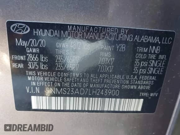 2020 Hyundai Santa Fe SE с VIN 5NMS23AD7LH243900, выставлен на аукционе IAAI как лот 43514662 с пробегом 26 242 миль миль и . История ставок и продаж доступна на DreamBid. Изображение 9.