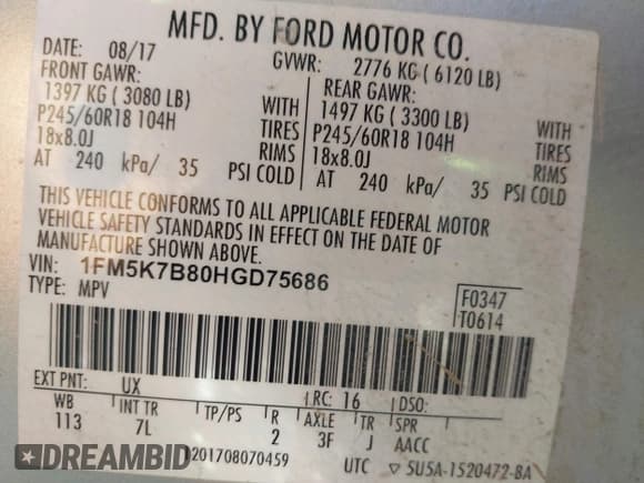 ✅ 2017 Ford Explorer • VIN: 1FM5K7B80HGD75686 • Лот: 41908973. Опубликован ранее на IAAI с пробегом 122 525 миль. Бесплатный доступ к архиву аукционных продаж из США и подробный отчёт об истории автомобиля на DreamBid. Изображение 9.