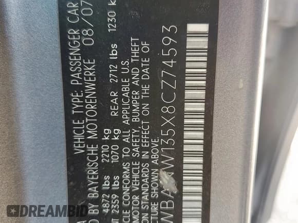 ✅ 2008 BMW 5 Series 535i • VIN: WBANW135X8CZ74593 • Lot: 71655555. Listed on Copart with 138,293 mi. Free auction sales archive from the USA and detailed vehicle history report at DreamBid. Image 12.