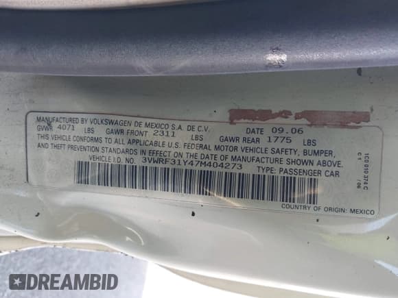 ✅ 2007 Volkswagen Beetle • VIN: 3VWRF31Y47M404273 • Lot: 41694528. Listed on IAAI with 125,070 mi. Free auction sales archive from the USA and detailed vehicle history report at DreamBid. Image 9.