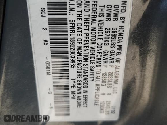 ✅ 2002 Honda Odyssey EX-L • VIN: 5FNRL18952B039985 • Lot: 81940645. Listed on Copart with 216,805 mi. Free auction sales archive from the USA and detailed vehicle history report at DreamBid. Image 13.