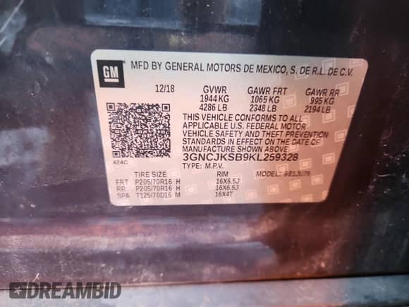 2019 Chevrolet Trax LS с VIN 3GNCJKSB9KL259328, выставлен на аукционе Copart как лот 81790485 с пробегом 45 318 миль миль и Списание • Salvage title. История ставок и продаж доступна на DreamBid. Изображение 13.