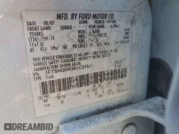 ✅ 2008 Ford F-250 XL • VIN: 1FTSW20R38EC21527 • Lot: 96447345. Listed on Copart with 158,968 mi. Free auction sales archive from the USA and detailed vehicle history report at DreamBid. Image 12.