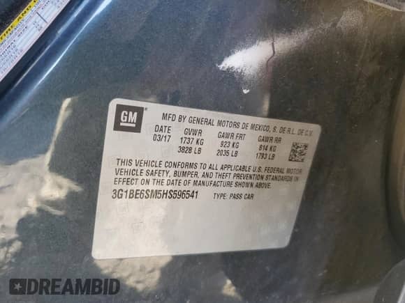 2017 Chevrolet Cruze LT z VIN 3G1BE6SM5HS596541, wystawiony jako Copart lot #86630825 z przebiegiem 147 101 mil mil oraz Szkoda całkowita • Salvage title. Historia ofert i sprzedaży dostępna na DreamBid. Obrazek 13.