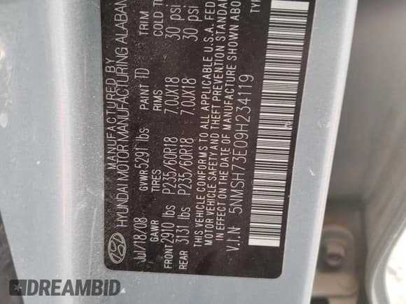 ✅ 2009 Hyundai Santa Fe Limited • VIN: 5NMSH73E09H234119 • Lot: 85303714. Listed on Copart with 143,110 mi. Free auction sales archive from the USA and detailed vehicle history report at DreamBid. Image 13.