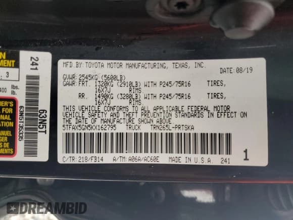 ✅ 2019 Toyota Tacoma SR • VIN: 5TFAX5GN5KX162795 • Лот: 83941785. Опубликован ранее на Copart с пробегом 165 530 миль. Бесплатный доступ к архиву аукционных продаж из США и подробный отчёт об истории автомобиля на DreamBid. Изображение 12.