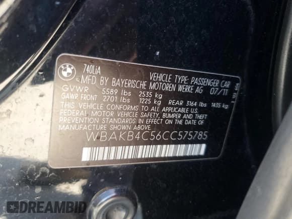 ✅ 2012 BMW 7 Series 740Li • VIN: WBAKB4C56CC575785 • Lot: 71891665. Listed on Copart with 135,302 mi. Free auction sales archive from the USA and detailed vehicle history report at DreamBid. Image 12.