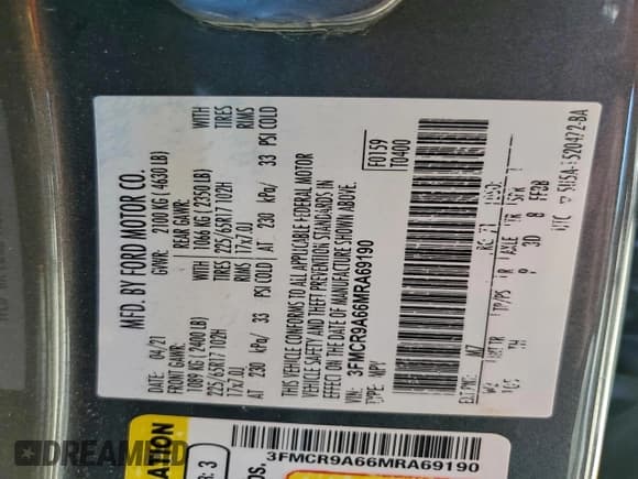 ✅ 2021 Ford Bronco Sport • VIN: 3FMCR9A66MRA69190 • Lot: 91375915. Listed on Copart with 85,230 mi. Free auction sales archive from the USA and detailed vehicle history report at DreamBid. Image 13.