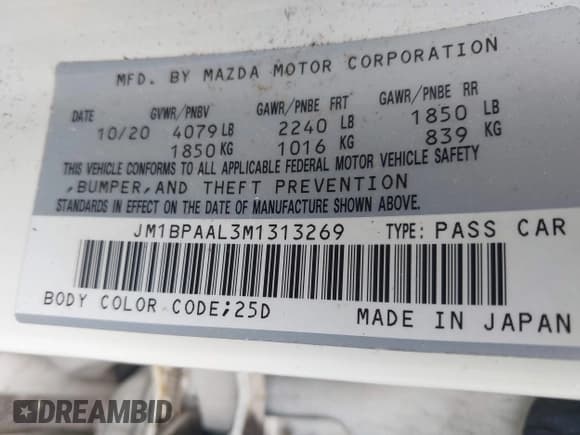 ✅ 2021 Mazda 3 S • VIN: JM1BPAAL3M1313269 • Лот: 42529926. Опубликован ранее на IAAI с пробегом 59 593 миль. Бесплатный доступ к архиву аукционных продаж из США и подробный отчёт об истории автомобиля на DreamBid. Изображение 9.