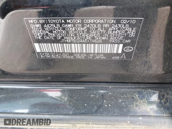 ✅ 2010 Lexus IS 250 • VIN: JTHBF5C24A5119626 • Lot: 42060656. Listed on IAAI with Not provided. Free auction sales archive from the USA and detailed vehicle history report at DreamBid. Image 9.