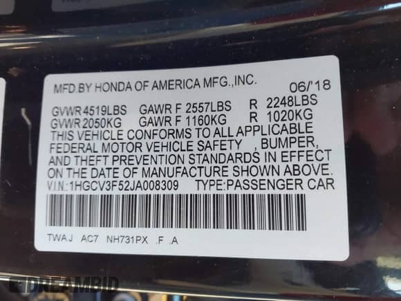 2018 Honda Accord EX-L z VIN 1HGCV3F52JA008309, wystawiony jako IAAI lot #43468812 z przebiegiem 117 856 mil mil oraz . Historia ofert i sprzedaży dostępna na DreamBid. Obrazek 9.