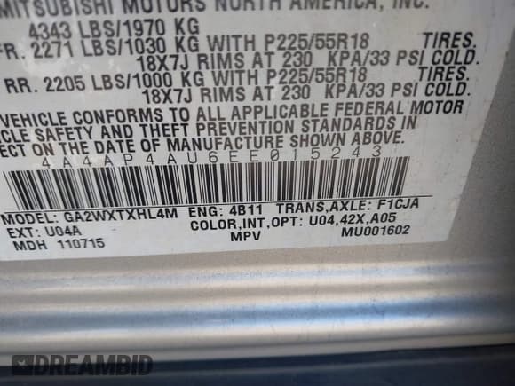 ✅ 2014 Mitsubishi Outlander SE • VIN: 4A4AP4AU6EE015243 • Lot: 43447087. Listed on IAAI with 202,112 mi. Free auction sales archive from the USA and detailed vehicle history report at DreamBid. Image 9.