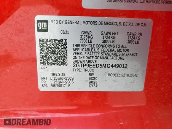 ✅ 2021 GMC Sierra 1500 AT4 • VIN: 3GTP9EED5MG449012 • Lot: 50790275. Listed on Copart with 54,260 mi. Free auction sales archive from the USA and detailed vehicle history report at DreamBid. Image 14.