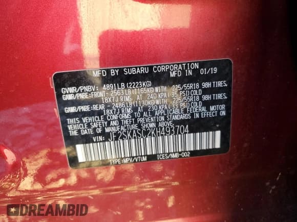 ✅ 2019 Subaru Forester Limited • VIN: JF2SKASC2KH493704 • Lot: 91288475. Listed on Copart with Not provided. Free auction sales archive from the USA and detailed vehicle history report at DreamBid. Image 13.