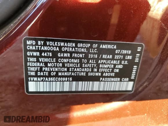 ✅ 2014 Volkswagen Passat S • VIN: 1VWAP7A35EC009815 • Lot: 54169785. Listed on Copart with 103,388 mi. Free auction sales archive from the USA and detailed vehicle history report at DreamBid. Image 12.