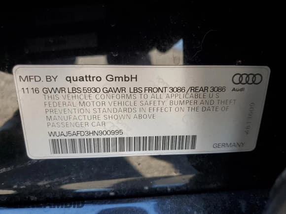 ✅ 2017 Audi S8 • VIN: WUAJ5AFD3HN900995 • Lot: 86691015. Listed on Copart with 90,846 mi. Free auction sales archive from the USA and detailed vehicle history report at DreamBid. Image 12.