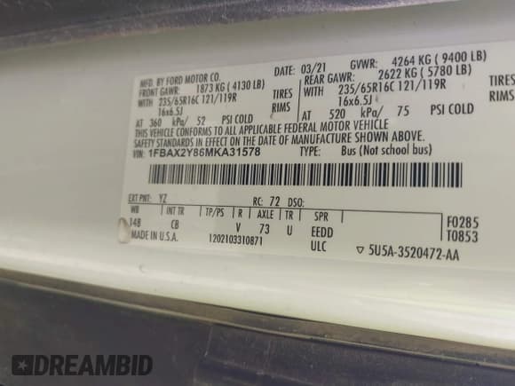 ✅ 2021 Ford Transit Passenger XL • VIN: 1FBAX2Y86MKA31578 • Lot: 42878047. Listed on IAAI with 85,994 mi. Free auction sales archive from the USA and detailed vehicle history report at DreamBid. Image 9.