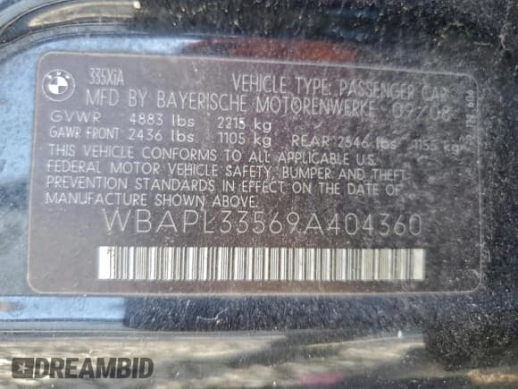 ✅ 2009 BMW 3 Series 335i xDrive • VIN: WBAPL33569A404360 • Lot: 96790425. Listed on Copart with 156,835 mi. Free auction sales archive from the USA and detailed vehicle history report at DreamBid. Image 12.