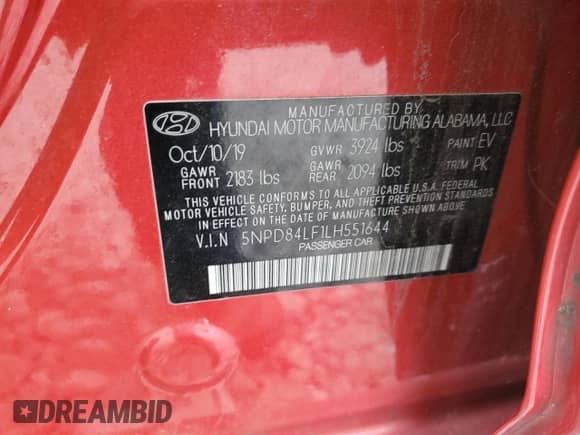 2020 Hyundai Elantra SEL with VIN 5NPD84LF1LH551644, listed as a Copart auction lot 87410875 with 47,018 mi miles and Salvage title. Bid and sale history available at DreamBid. Image 12.