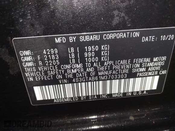 ✅ 2021 Subaru Impreza • VIN: 4S3GTAB61M3703303 • Lot: 41508372. Listed on IAAI with 39,835 mi. Free auction sales archive from the USA and detailed vehicle history report at DreamBid. Image 8.