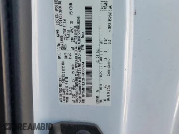 ✅ 2017 Ford F-150 XL • VIN: 1FTMF1EF2HKC08934 • Lot: 55259815. Listed on Copart with 138,128 mi. Free auction sales archive from the USA and detailed vehicle history report at DreamBid. Image 12.