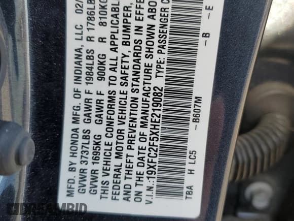 ✅ 2017 Honda Civic LX • VIN: 19XFC2F5XHE219082 • Lot: 92332275. Wystawiony na Copart z przebiegiem 78 440 mil. Bezpłatny archiwum sprzedaży aukcyjnych z USA i szczegółowy raport historii pojazdu na DreamBid. Zdjęcie 12.