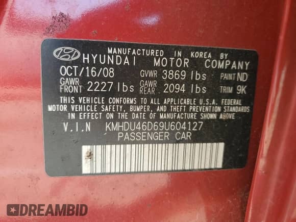 2009 Hyundai Elantra GLS with VIN KMHDU46D69U604127, listed as a Copart auction lot 64120014 with 172,040 mi miles and Salvage title. Bid and sale history available at DreamBid. Image 12.