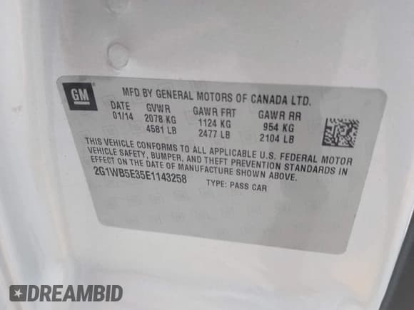 ✅ 2014 Chevrolet Impala LT • VIN: 2G1WB5E35E1143258 • Lot: 42375275. Listed on IAAI with 172,680 mi. Free auction sales archive from the USA and detailed vehicle history report at DreamBid. Image 9.