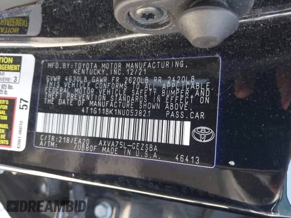 2022 Toyota Camry SE with VIN 4T1G11BK1NU053821, listed as a IAAI auction lot 42936203 with 41,547 mi miles and . Bid and sale history available at DreamBid. Image 9.