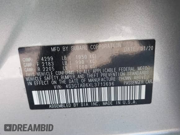 2020 Subaru Impreza с VIN 4S3GTAB6XL3713696, выставлен на аукционе IAAI как лот 43469267 с пробегом 34 579 миль миль и . История ставок и продаж доступна на DreamBid. Изображение 9.