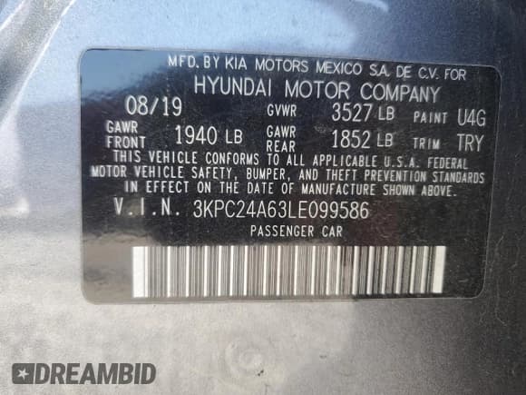 ✅ 2020 Hyundai Accent SE • VIN: 3KPC24A63LE099586 • Lot: 68668644. Listed on Copart with 107,555 mi. Free auction sales archive from the USA and detailed vehicle history report at DreamBid. Image 14.