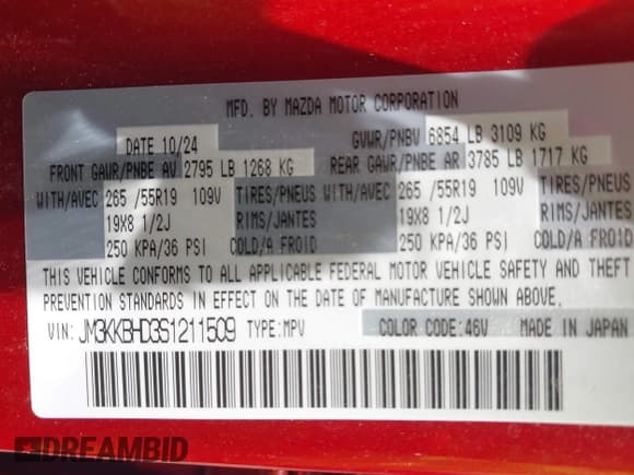 ✅ 2025 Mazda CX-90 Preferred • VIN: JM3KKBHD3S1211509 • Lot: 42112252. Listed on IAAI with 2,112 mi. Free auction sales archive from the USA and detailed vehicle history report at DreamBid. Image 9.