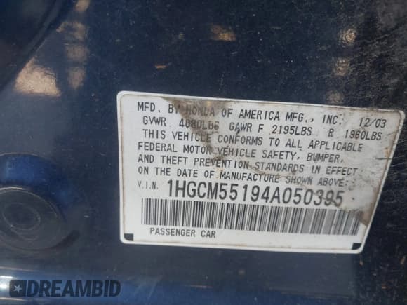 ✅ 2004 Honda Accord DX • VIN: 1HGCM55194A050395 • Lot: 43721654. Wystawiony na IAAI z przebiegiem 165 368 mil. Bezpłatny archiwum sprzedaży aukcyjnych z USA i szczegółowy raport historii pojazdu na DreamBid. Zdjęcie 9.
