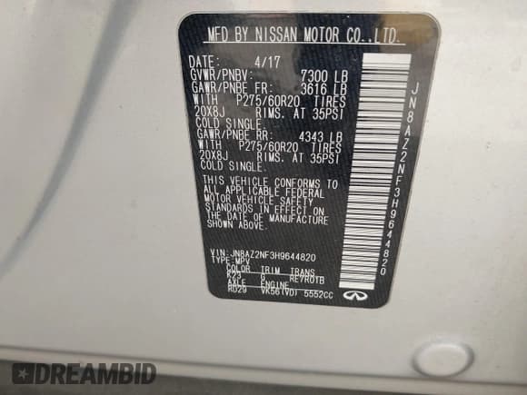 ✅ 2017 Infiniti QX80 • VIN: JN8AZ2NF3H9644820 • Lot: 42246540. Listed on IAAI with 142,342 mi. Free auction sales archive from the USA and detailed vehicle history report at DreamBid. Image 9.