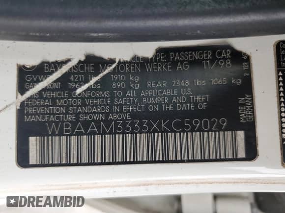 1999 BMW 3 Series 323i с VIN WBAAM3333XKC59029, выставлен на аукционе Copart как лот 76257774 с пробегом 301 189 миль миль и Списание • Salvage title. История ставок и продаж доступна на DreamBid. Изображение 12.