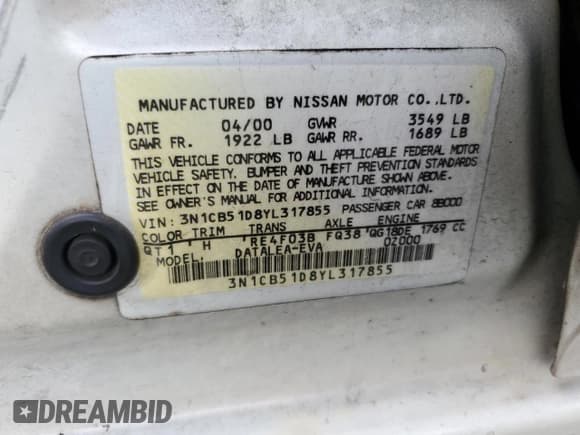 ✅ 2000 Nissan Sentra XE • VIN: 3N1CB51D8YL317855 • Лот: 67120225. Опубликован ранее на Copart с пробегом 91 420 миль. Бесплатный доступ к архиву аукционных продаж из США и подробный отчёт об истории автомобиля на DreamBid. Изображение 12.