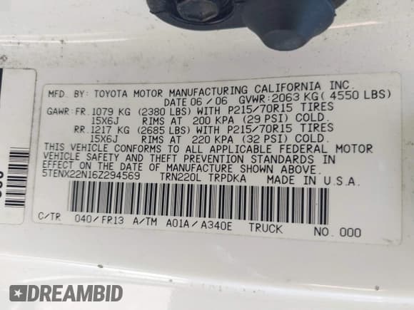 ✅ 2006 Toyota Tacoma • VIN: 5TENX22N16Z294569 • Lot: 42851090. Listed on IAAI with 231,493 mi. Free auction sales archive from the USA and detailed vehicle history report at DreamBid. Image 9.