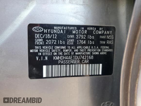 ✅ 2013 Hyundai Elantra GLS • VIN: KMHDH4AE1DU742168 • Lot: 85393315. Listed on Copart with 220,436 mi. Free auction sales archive from the USA and detailed vehicle history report at DreamBid. Image 12.